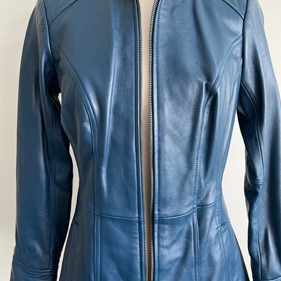 Denim and Company d & co. Blue Leather Jacket Mock Neck Two Way Zip XXSP - Picture 3 of 15